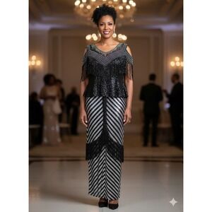 Orlando Black Sequin style80'Beaded Fringe Gown Size‎ 50 Formal Evening